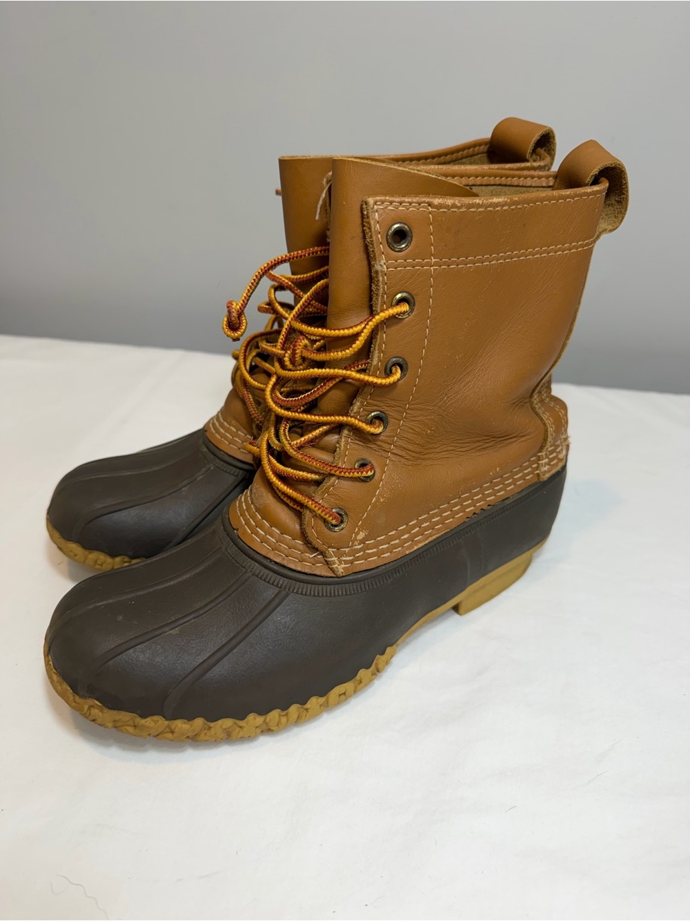 LL Bean, brown leather and blue lace up duck boots size 7 - Picture 1 of 6